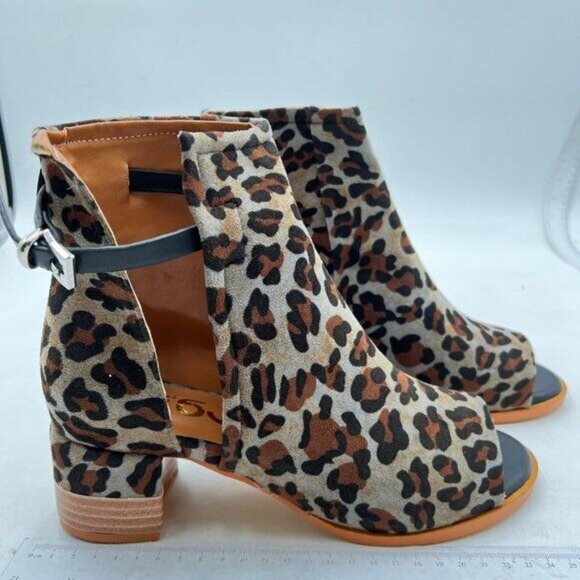 FSJ Leopard Peep Open Toe Cut Out Buckle Ankle Bootie Block Low Heeled Shoe - Picture 4 of 8